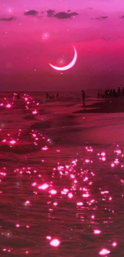 Pink moonlit ocean with crescent moon reflecting on water.