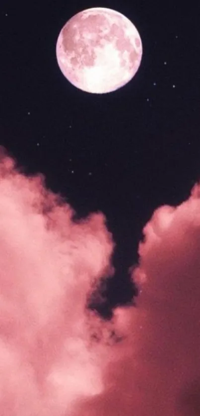 Pink moonlit clouds beneath a starry sky.