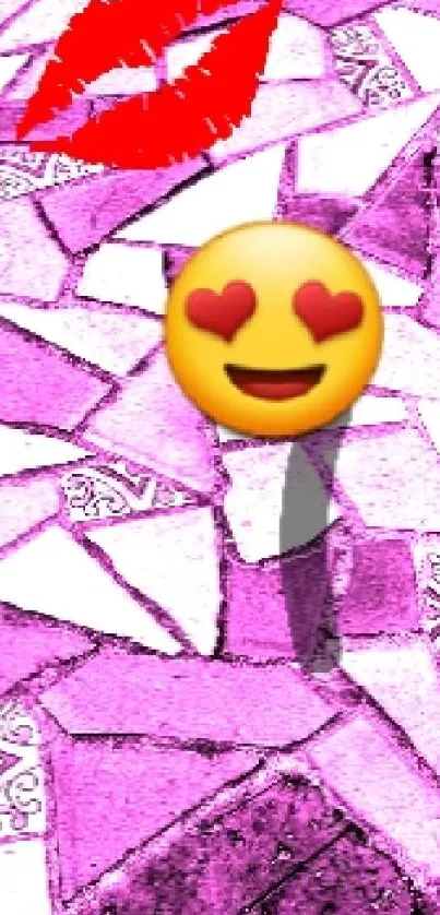 Pink mosaic wallpaper with heart-eyed emoji and kiss mark design.