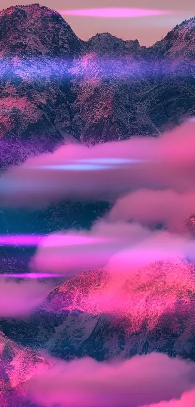Pink mountain landscape with ethereal clouds and sunrise hues.
