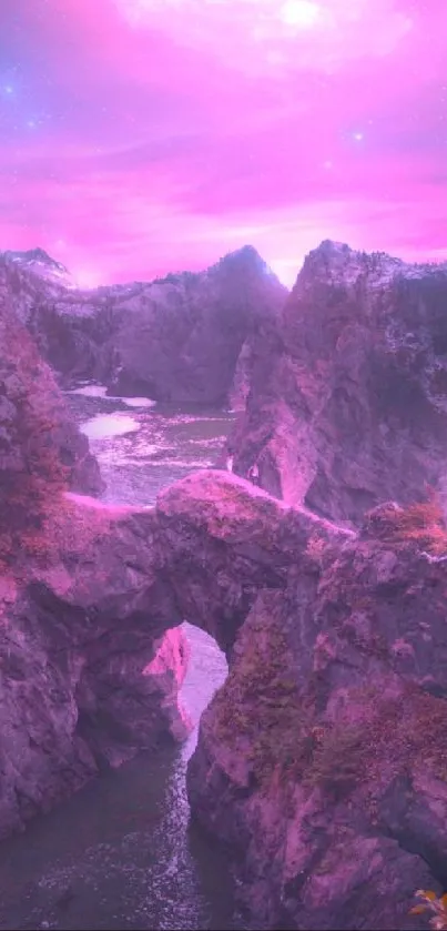 Pink mountain landscape with a river flowing through rocky formations.