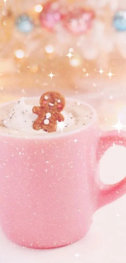 Pink mug with gingerbread cookie in cream surrounded by festive lights.