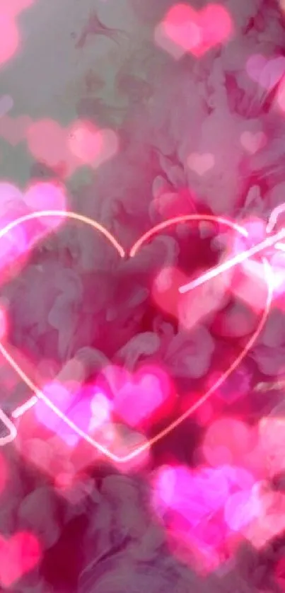 Pink neon heart with arrow through smoke on wallpaper.