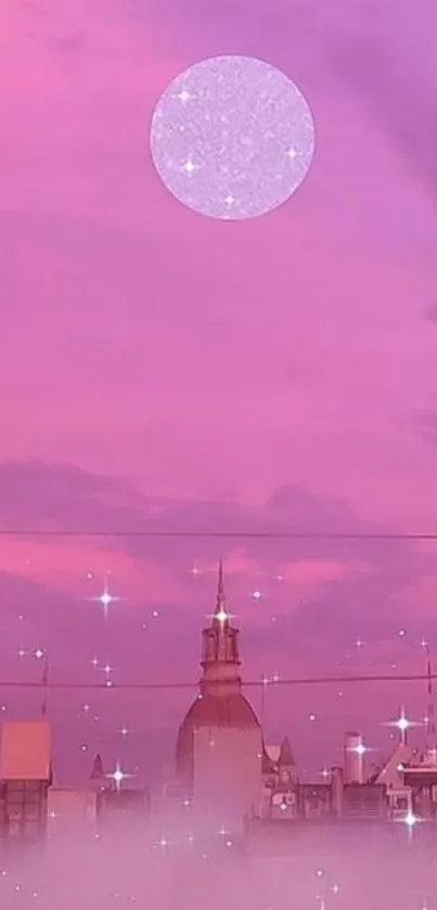 Pink cityscape with moon and stars at night.