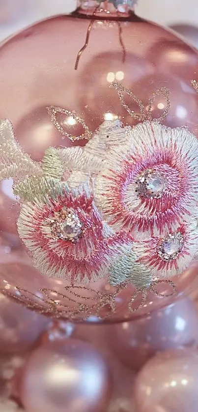 Elegant pink ornament with floral design, shimmering softly.