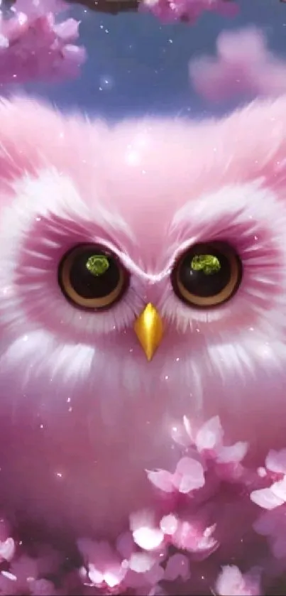 Pink owl with cherry blossoms in soft lighting.