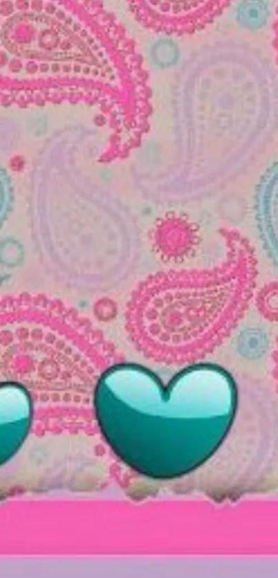 Pink paisley wallpaper with teal hearts.