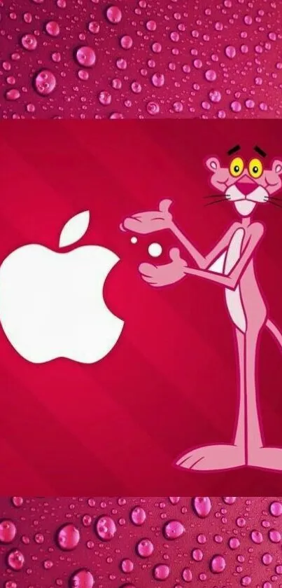 Pink Panther with Apple logo on pink background with water droplets.