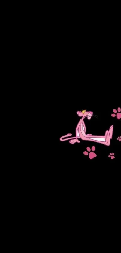 Pink Panther sits with paw prints on black background.