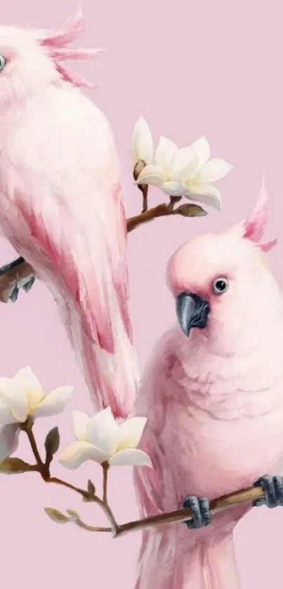 Illustration of pink parrots on branches with blossoms.