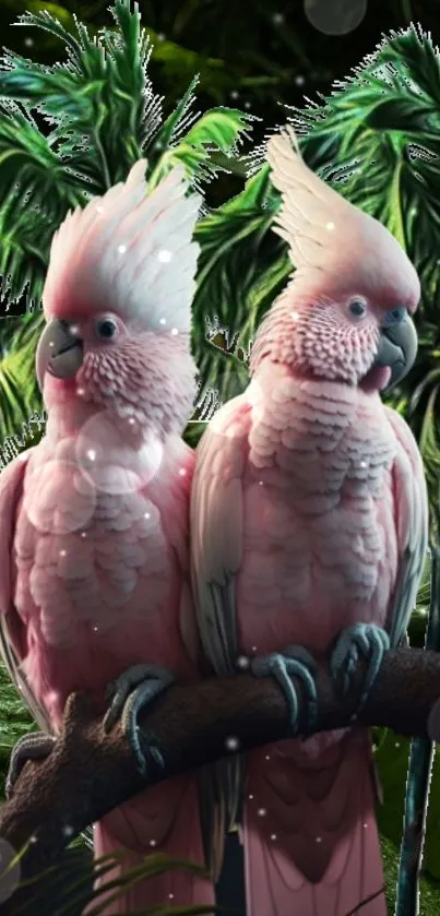 Pink parrots in green palms wallpaper for nature lovers.