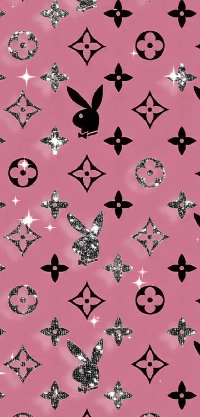 Pink wallpaper with black and glitter luxury pattern accents.