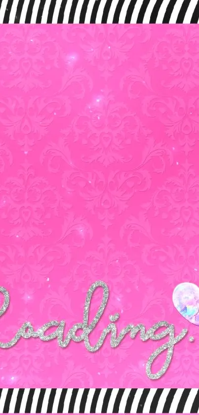 Vibrant pink wallpaper with damask pattern and 'Loading' text.