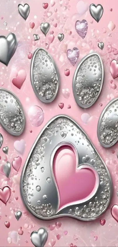 Pink and silver paw print with hearts wallpaper.