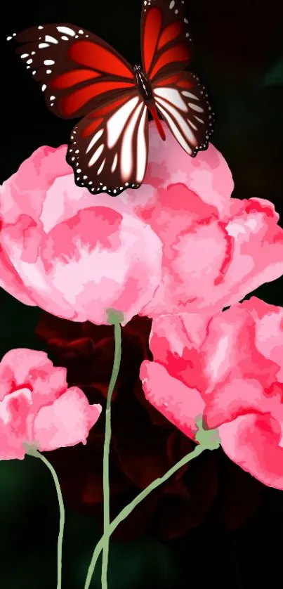 Pink peonies with butterfly on dark background, elegant floral wallpaper.