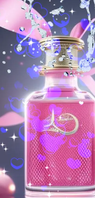 Pink perfume bottle with hearts and sparkles on a wallpaper.