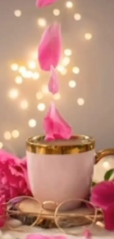 Elegant pink petal coffee cup with bokeh lights.