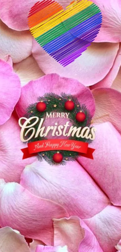 Pink petals and festive Christmas design mobile wallpaper.