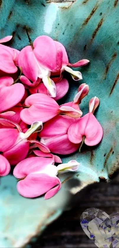 Pink flower petals on a turquoise textured background.