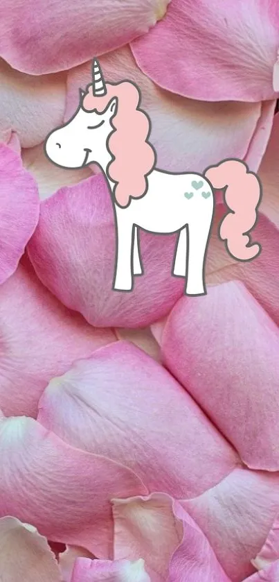 Whimsical pink unicorn on rose petal background.