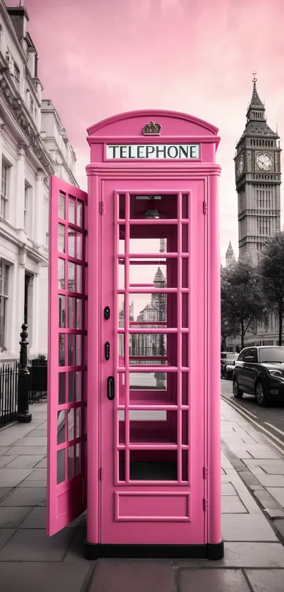 Pink phone booth with Big Ben in London