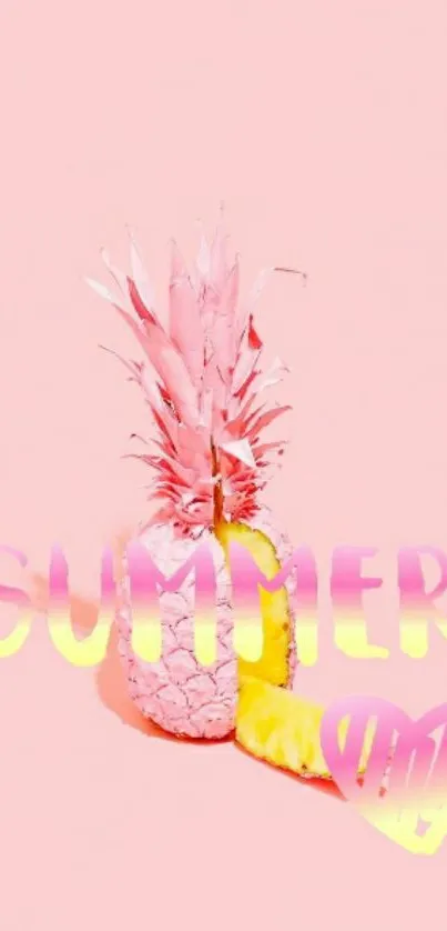 Pink pineapple with summer text on pastel background.