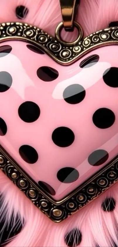 Pink polka dot heart with metal frame on fluffy background.