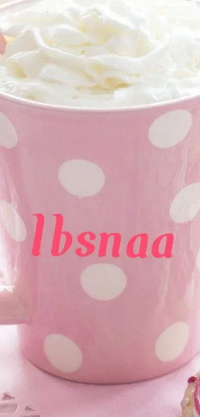 Pink polka dot mug with whipped cream wallpaper.