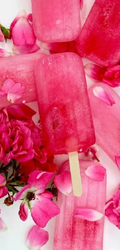 Pink popsicles and rose petals wallpaper for mobile background.