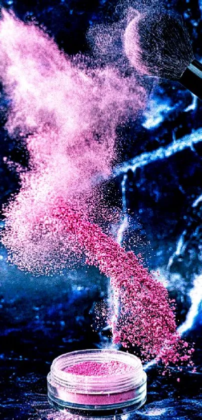 Pink powder splash with dark blue background.