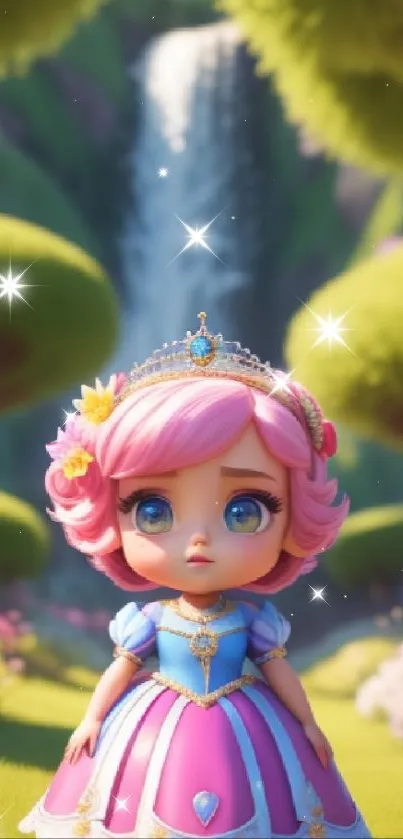 Cute princess doll in a magical forest with a waterfall background.