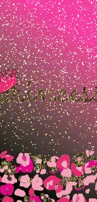 Pink princess wallpaper with glittering crown and flowers.