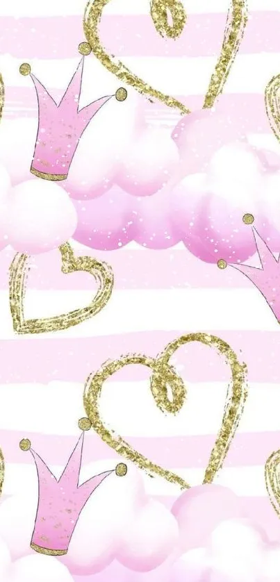 Pink wallpaper with gold hearts and crowns on a cloud background.