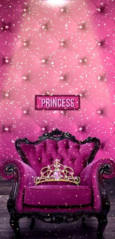 Pink wallpaper featuring royal chair with crown and princess theme.