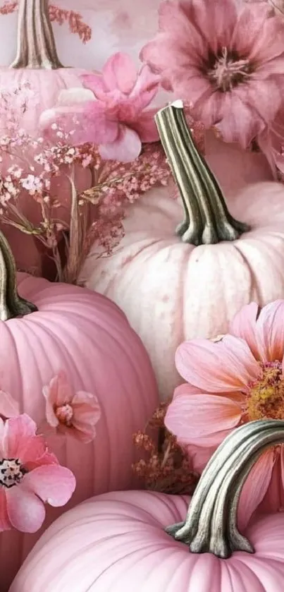 Pink pumpkins with floral decoration in a cozy wallpaper design.