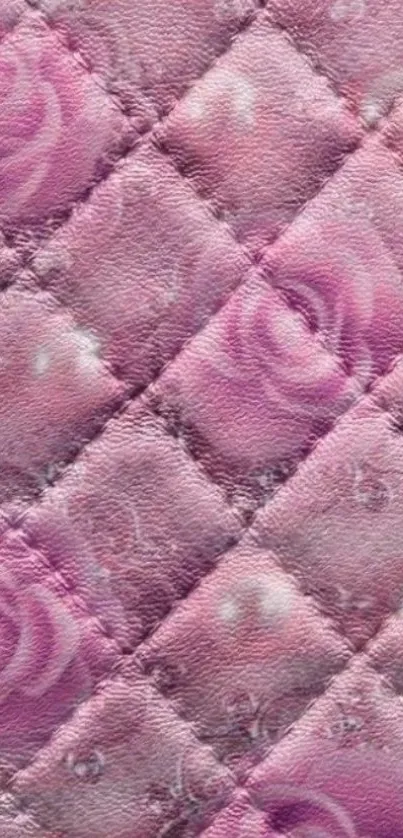 Pink quilted wallpaper with floral rose pattern.