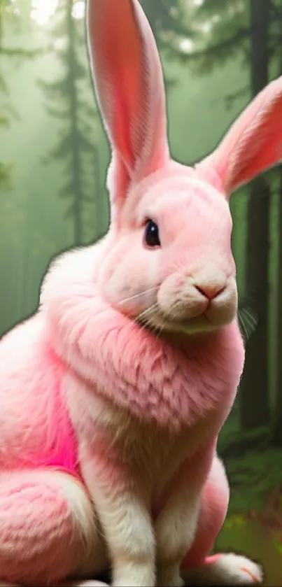 Pink rabbit sitting in a green forest setting.