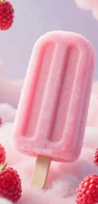 Pink raspberry popsicle surrounded by berries and clouds.