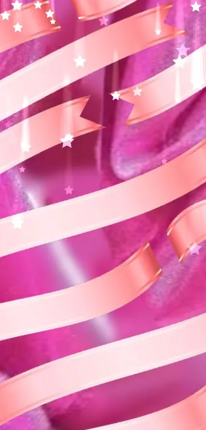 Pink wallpaper with ribbons and stars for mobile aesthetic.