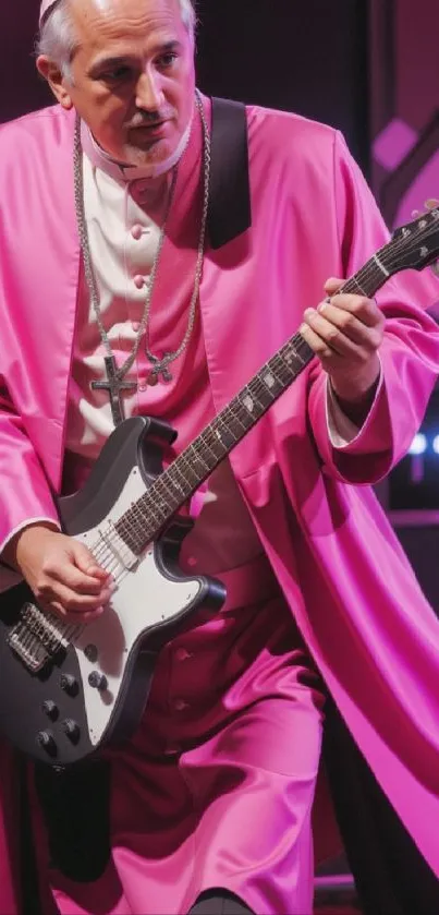 Bishop in pink robe playing a guitar.