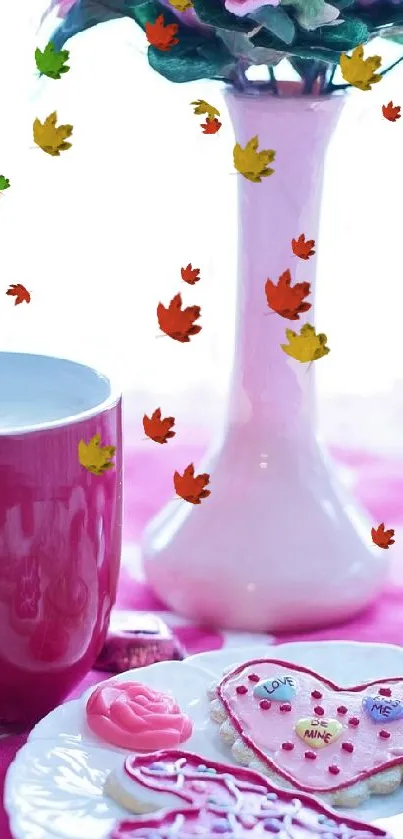 Pink roses and heart cookies wallpaper.