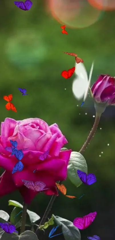 Vibrant pink rose with butterfly in garden scene.