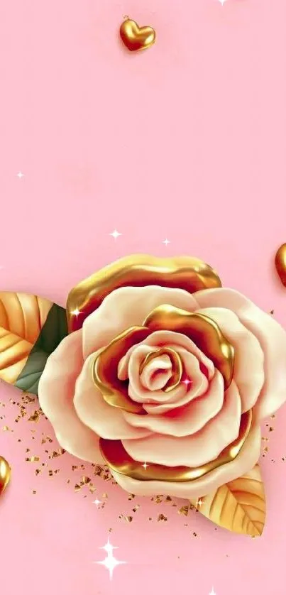 Pink wallpaper with golden rose and scattered heart designs.