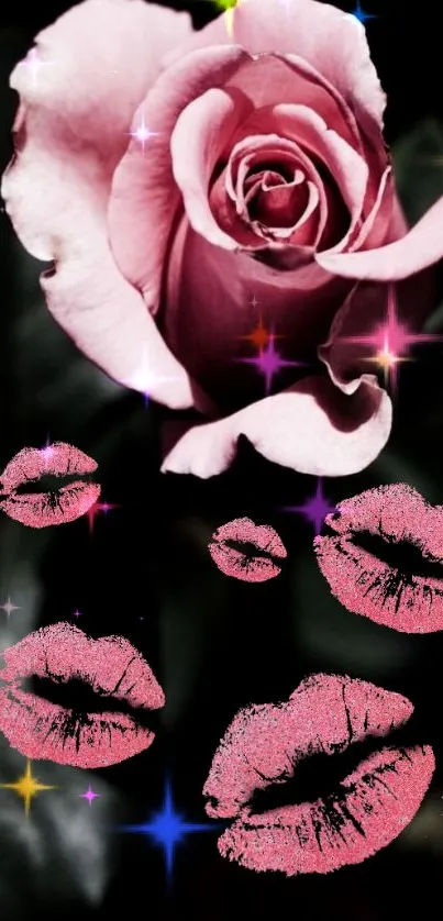 Romantic pink rose and lips on dark background with sparkles.