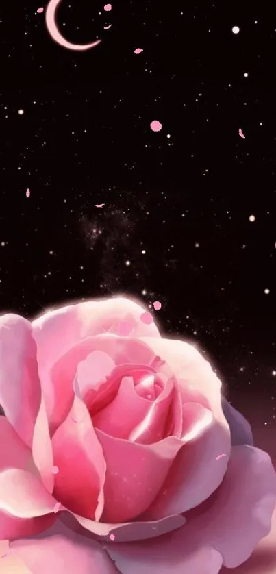 Pink rose against starry night sky with crescent moon.