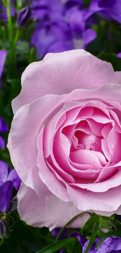 Beautiful pink rose surrounded by vibrant purple flowers in a garden setting.