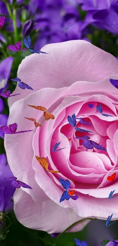 Pink rose surrounded by purple flowers in vibrant wallpaper design.