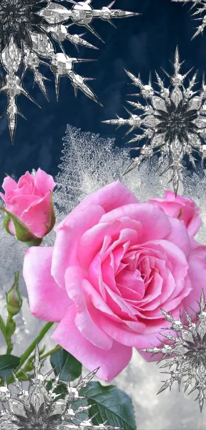 Pink rose with silver snowflakes wallpaper.