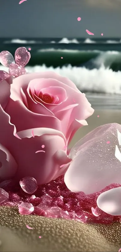 Pink rose and crystals on a tranquil beach with waves in the background.