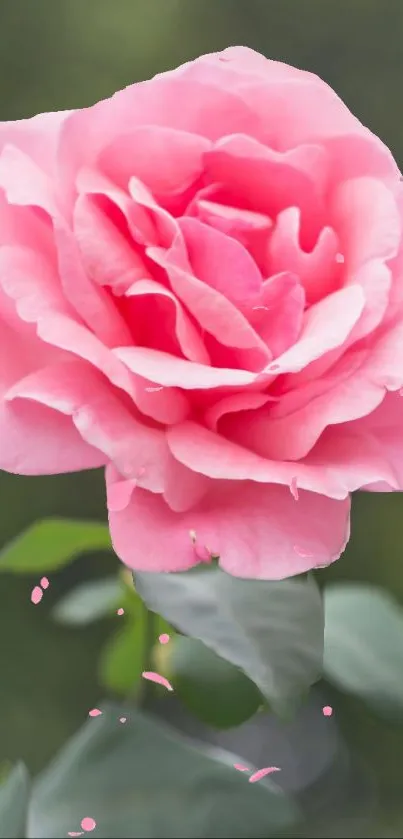 A vibrant pink rose blossom with lush green leaves on a blurred background.